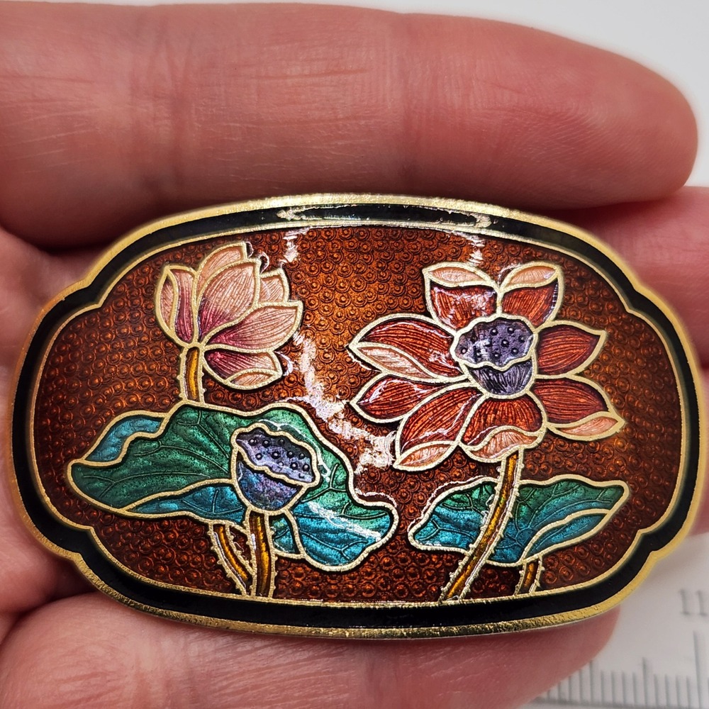 Vintage‎ Cloisonne Lotus Flower Scarf Slide Clip Enamel Gold Tone Floral Oval